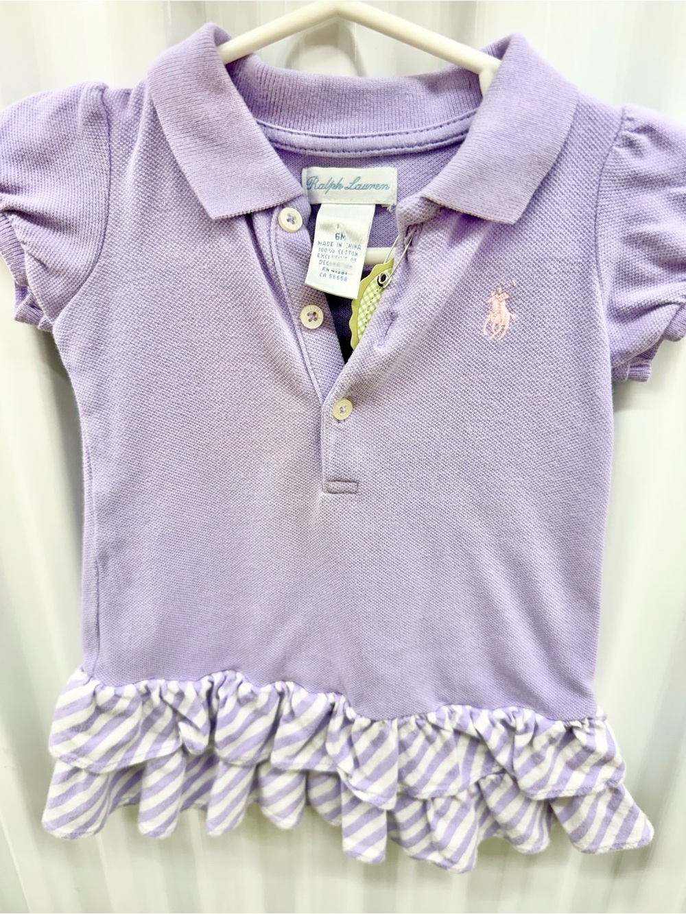 Ralph Lauren Girls' Lavender Polo dress with Striped Ruffle Hem 6 months